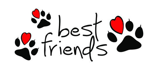 Slagan My best friends, i love my cat with hearts. Cats footprint, Funny vector cartoon quote signs. Lovers silhouette. Animals day. Funny footsteps or steps with heart. 