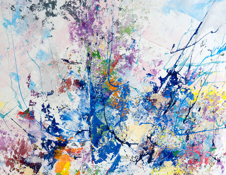 Multicolored abstraction of splashes of acrylic paints. On a white background.