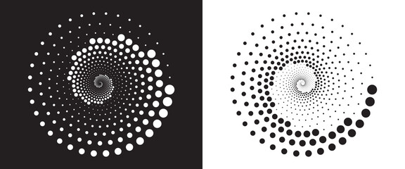 Halftone round as icon or background. White abstract vector circle frame with dots as logo or emblem. Circle isolated on the black background for your design.
