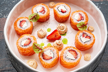 sushi with strawberries and salmon