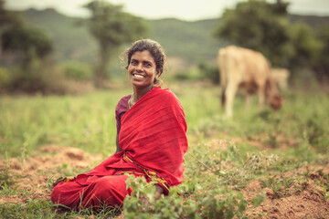 Obraz premium Happy face village women relaxing on farmland. 