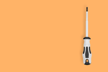Metal screwdriver with a rubberized handle on an orange background.