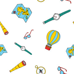Hand drawn seamless pattern with travel items in cartoon style. Vector Illustration, isolated on white background.