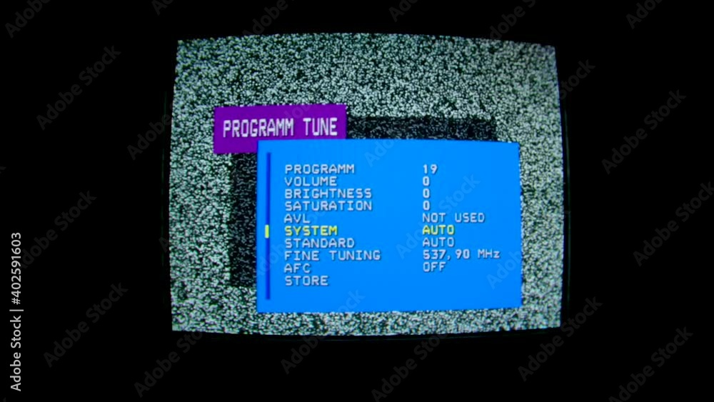Poster settings menu on an old tv. program tune . pixel noise. black and white background. an old fashioned