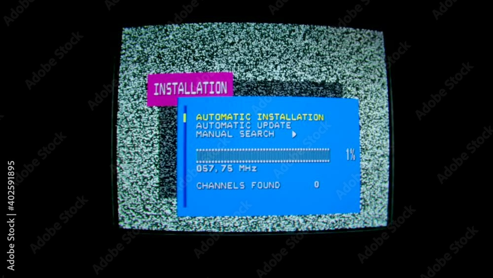 Poster settings menu on an old tv. automatic installation channels. pixel noise. black and white background