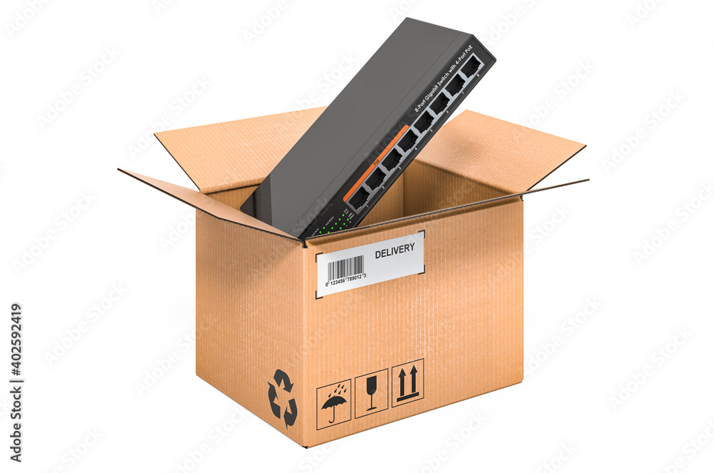 Poster network switch inside cardboard box, delivery concept. 3d rendering