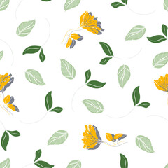 Fototapeta premium Blossom floral seamless pattern. Blooming botanical elements scattered random. Hand drawn yellow flowers and leaves on white background. Color vector texture for fashion, fabric, wallpaper, print. 