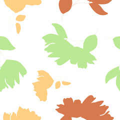 Trendy color vector texture. Floral seamless pattern. Fashion, fabric, ditsy print, wallpaper. Hand drawn silhouette orange, beige and green flowers and leaves scattered random on white backgroud