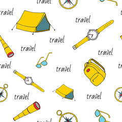 Hand drawn seamless pattern with travel items. Vector Illustration, isolated on white background. Cartoon style.