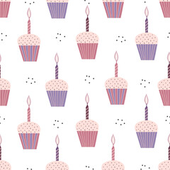 Seamless pattern of cupcakes with candles