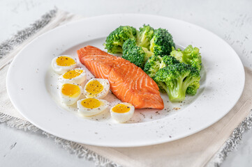 Cooked salmon with broccoli and eggs