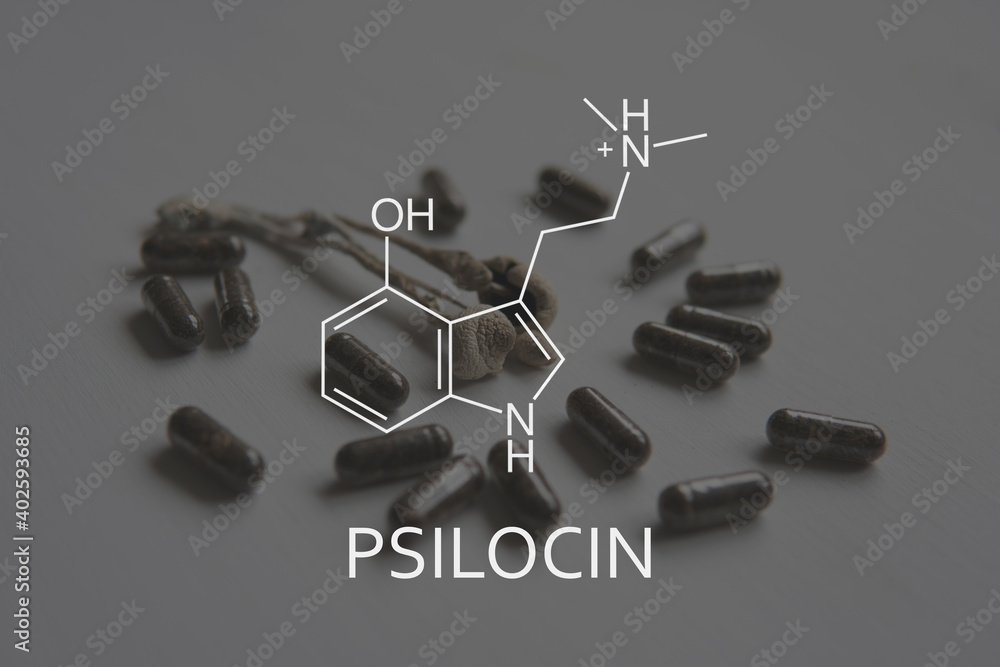 Wall mural psilocin formula. medical psilocybin and psilocin on the health of mental health .