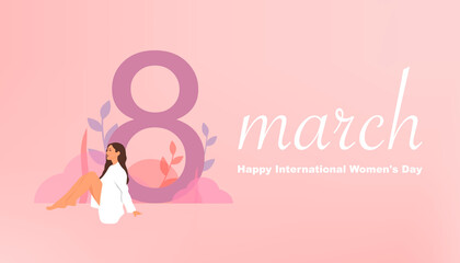 International women's day 2021. 8 march background. The girl sitting near the number eight. Vector illustration. 
