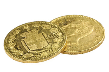 Italian 20 Lira gold coins isolated on white background