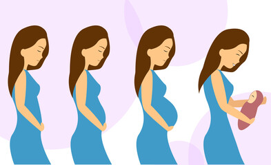 Stages of a girl's pregnancy. The beginning of pregnancy, the process of pregnancy, a girl with a newborn in her arms. illustration