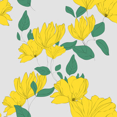 Obraz premium Blossom floral seamless pattern. Blooming botanical motifs scattered random. Hand drawn yellow flowers with leaves on grey background. Color vector texture for fashion, fabric, wallpaper, print. 