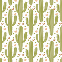 Vector seamless pattern with cute cactus. Bright repeated texture with green cacti. Natural hand drawing background with desert plants. Ideal for posters, children room decoration, etc