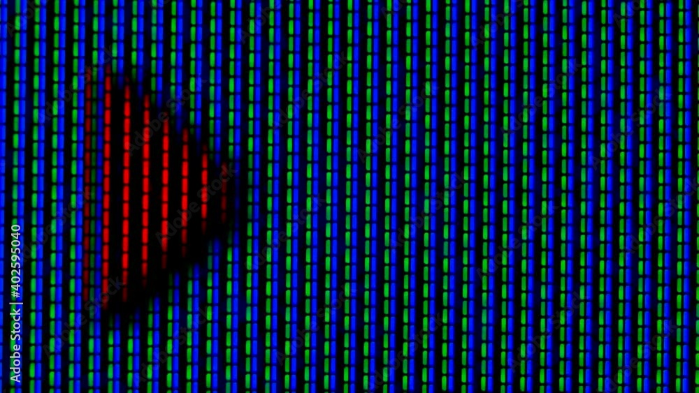 Poster working pixels in the screen color tv, with a video playback close up. red running arrow on a blue g