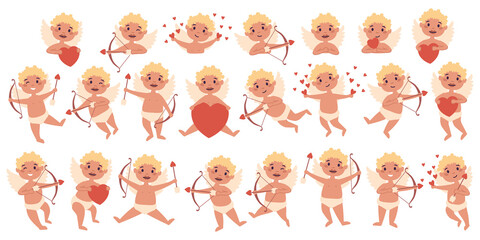 Amur baby angel big bundle set. Cute funny cupid little god eros greece kids in different poses. Valentine angel collection with heart, cupid love amur