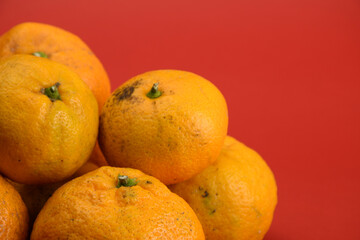 Orange tangerines close-up isolated on red background