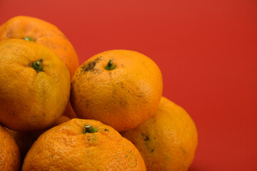 Orange tangerines close-up isolated on red background