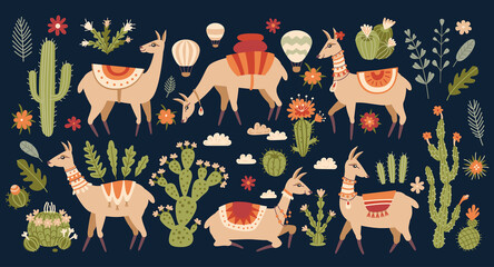 Lama set in cartoon style isolated on dark background. Adorable alpaca and cactus elements. Collection of kids scrapbooking elements. Llama and cacti. Ideal for posters, children room decoration, etc © Pictulandra