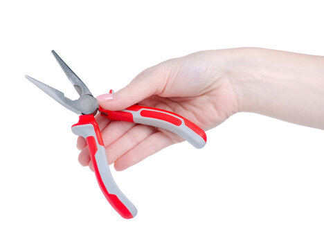 Long nose pliers in hand on white background isolation