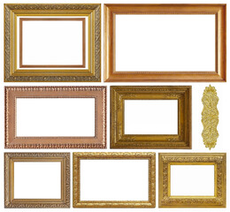 Set of golden frames for paintings, mirrors or photo isolated on white background