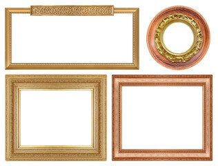 Set of golden frames for paintings, mirrors or photo isolated on white background