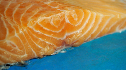 close up a fillet of red raw salmon lies on a blue plastic board side view . raw fish