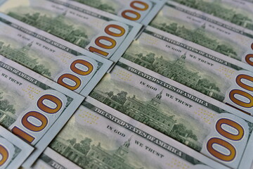 US one hundred dollar bills background. Money american hundred texture notes design. Financial concept. Financial operations