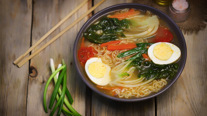 Noodle soup with egg and bok choy cabbage. Chinese style broth.