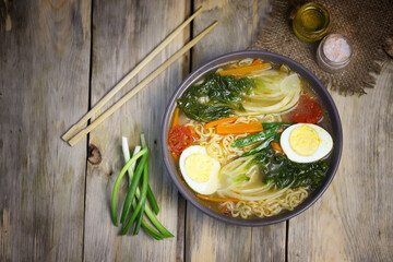 Noodle soup with egg and bok choy cabbage. Chinese style broth.