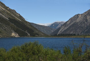 Fototapeta na wymiar New Zealand- Full Frame Landscape of a Lake in the Southern Alps