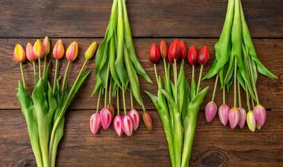 Tulips of different colors on wooden table