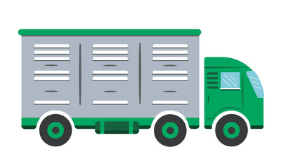 Truck for transporting livestock, chicken or pigs. Color illustration in green and gray. Flat vector image.