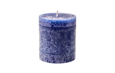 Blue cylindrical wax candle, isolate on a white background. Side view.