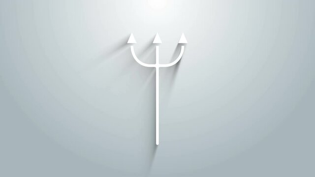 White Neptune Trident icon isolated on grey background. 4K Video motion graphic animation