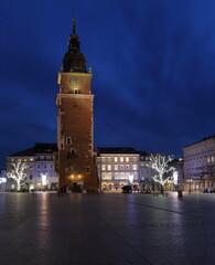 Fototapeta na wymiar Historical city hall / town hall tower on Main Market Square in Krakow at night