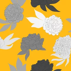 Gardinen Trendige Blumen Blossom floral seamless pattern. Grey peony flowers with leaves scattered random. Trendy abstract vector texture. Good for fashion prints, fabric, design. Hand drawn flowers on yellow background  © Marharyta