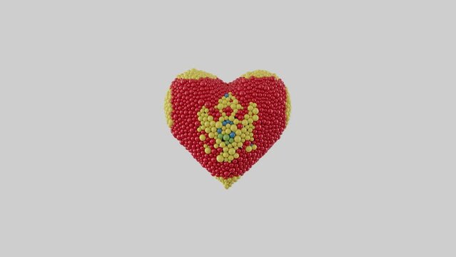 Montenegro National Day. July 13. Statehood Day. Heart animation with alpha matte. Heart shape made out of shiny spheres animation. 3D rendering.