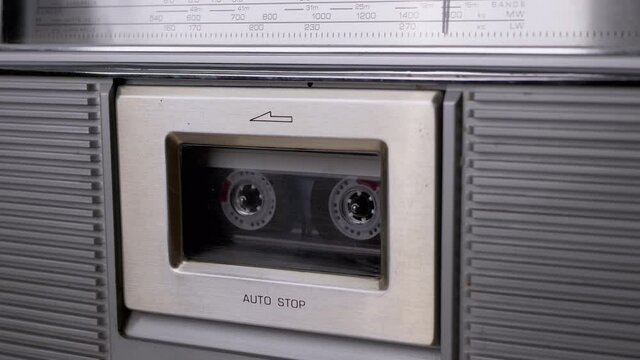 Open Cassette Deck of Old Tape Recorder, Insert 90s Cassette, Close with Fingers