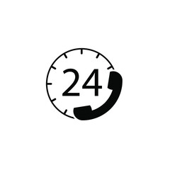 black clock icon with phone on white background, vector illustration