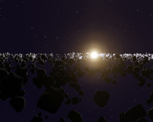 Many asteroids or meteorites in the space horizon with Sun, 3d render