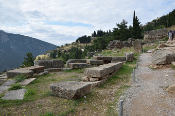 Fototapeta na wymiar View of the main monuments of Greece. Ruins of ancient Delphi. Oracle of Delphi. Mount Parnassus 