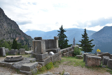 View of the main monuments of Greece. Ruins of ancient Delphi. Oracle of Delphi. Mount Parnassus
