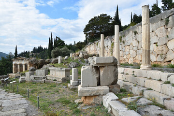 View of the main monuments of Greece. Ruins of ancient Delphi. Oracle of Delphi. Mount Parnassus
