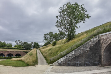 Located in a former fort, public Hanging gardens of Le Havre (Jardins suspendusa) occupy a 17-hectare site in district of Sanvic in Le Havre. Hanging Gardens had some 3,700 plant. Le Havre, France. 