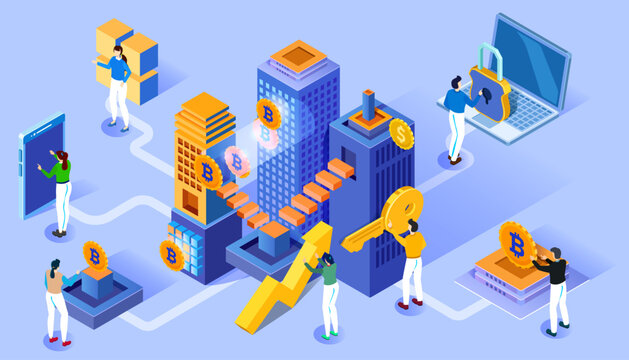 Cryptocurrency and blockchain isometric composition with people, analysts and managers working on crypto start up. Isometric vector illustration.