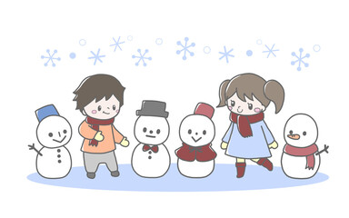 かわいい子ども達と並んだ雪だるまの冬手描き風イラスト